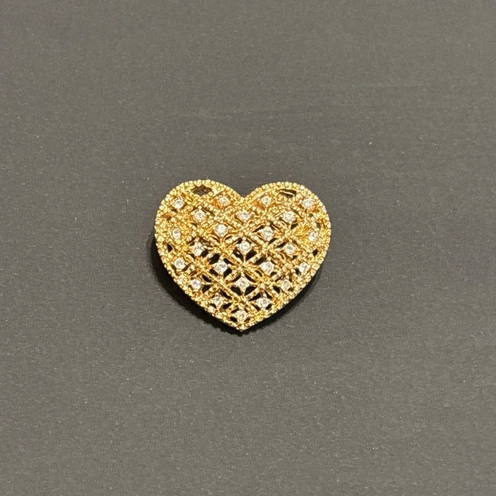 1980s Gold Tone Lattice Heart Brooch, Openwork Filigree Crystal Pin, Romantic